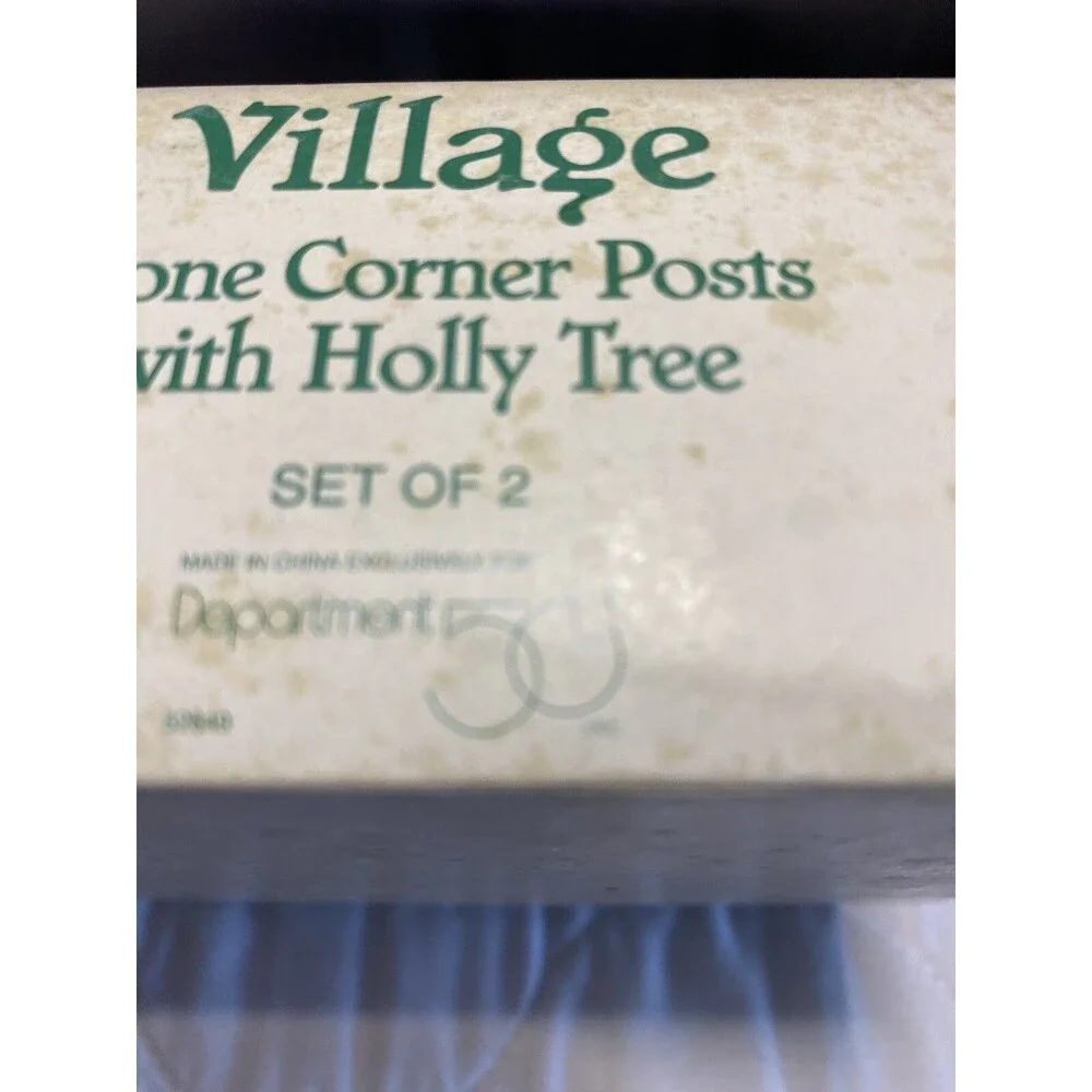 Dept 56 - Snow Village Stone Corner Post w/ Holly Tree  - 52649 - Set of 2 -NOS